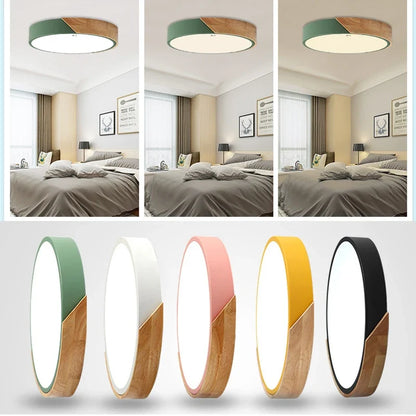 Modern Nordic LED Ceiling Light with Wood Accent – Flush Mount Dimmable Fixture for Bedroom, Living Room, Kitchen & Hallway