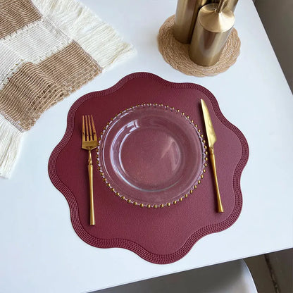 FloraMat Round Embossed Floral Faux Leather Placemats – Heat-Resistant Waterproof Table Mats, Set of 4 or 6, 5 Colors