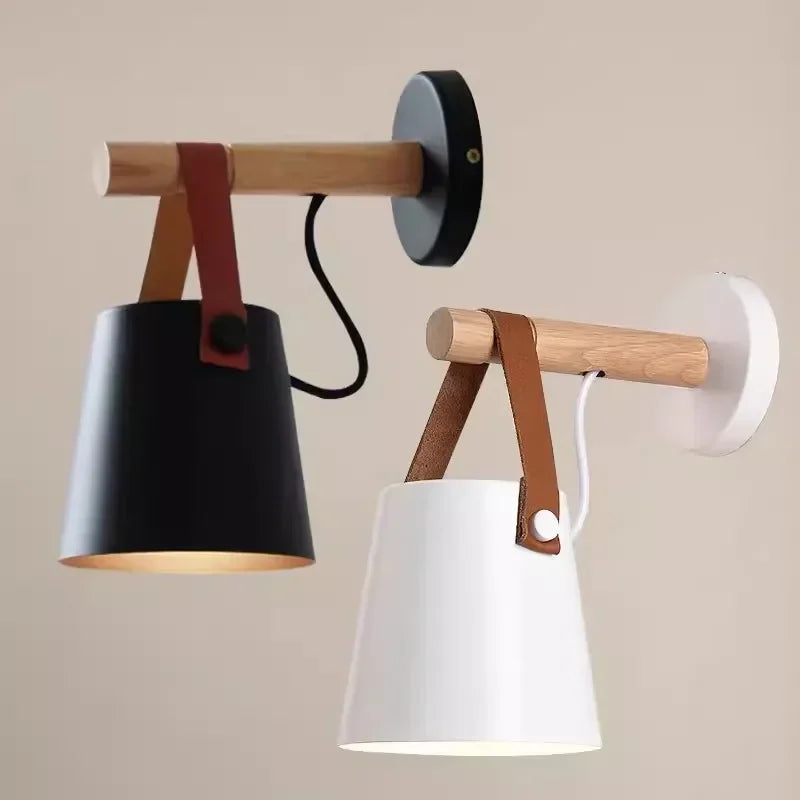 Nordic Wood & Leather Strap Hanging Wall Lamp – Scandinavian Bedside Light with Wooden Arm, Soft Downward Glow