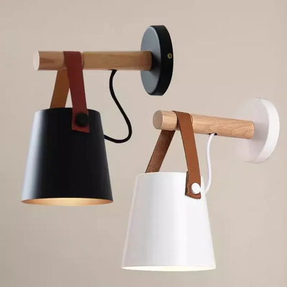 Nordic Wood & Leather Strap Hanging Wall Lamp – Scandinavian Bedside Light with Wooden Arm, Soft Downward Glow
