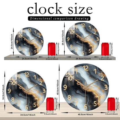 Blue & Gold Marble Wall Clock – Silent Wooden Art Clock with Glossy Tempered Finish, Luxury Decor in 4 Sizes