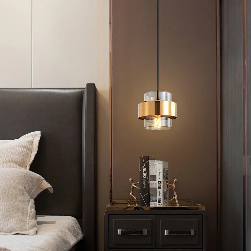 Nordic Smoked Glass Pendant Light with Brushed Brass Band – Modern Cylinder Hanging Lamp in Amber or Smoke Grey
