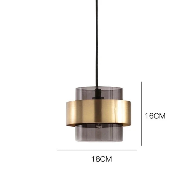 Nordic Smoked Glass Pendant Light with Brushed Brass Band – Modern Cylinder Hanging Lamp in Amber or Smoke Grey