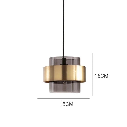 Nordic Smoked Glass Pendant Light with Brushed Brass Band – Modern Cylinder Hanging Lamp in Amber or Smoke Grey