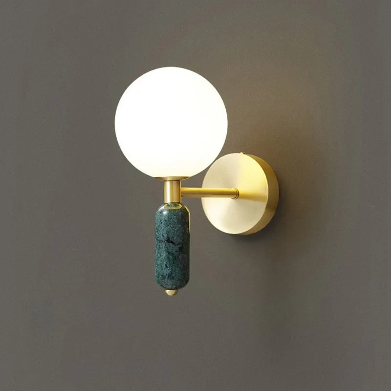 Luxury Marble & Glass Wall Sconce – Brushed Gold Designer Wall Lamp with Frosted Globe, White or Green Marble, Warm White