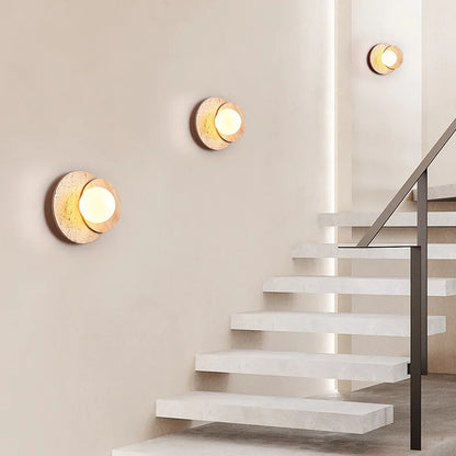 Wabi-Sabi Natural Stone & Wood Wall Lamp – Organic Texture Sconce with Frosted Glass and G9 LED in Walnut or Wood