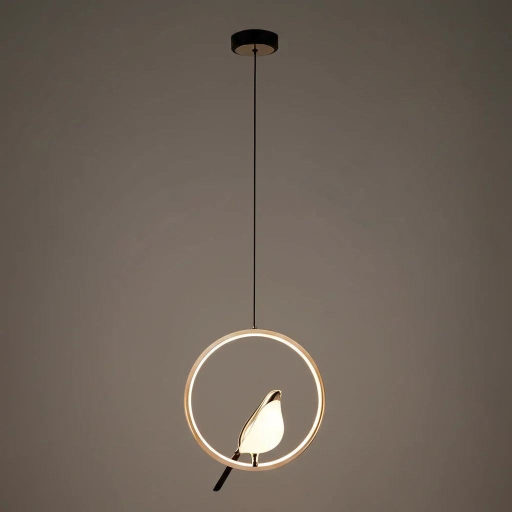 Nordic Magpie LED Pendant Light – Modern Bird Ring Chandelier, 31W Warm or Cool White Hanging Lamp for Dining & Living Room