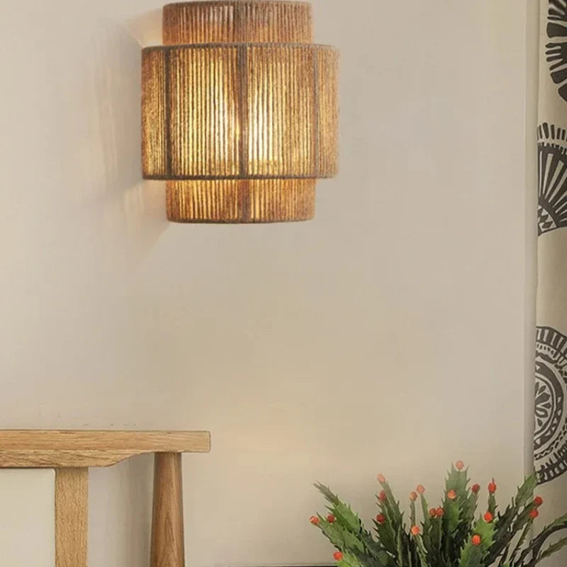 RattanGlow Handwoven Rattan Wall Lamp – Natural Bamboo Boho Wall Sconce with Warm Up & Down Light for Bedroom & Living Room