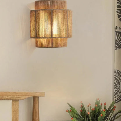 RattanGlow Handwoven Rattan Wall Lamp – Natural Bamboo Boho Wall Sconce with Warm Up & Down Light for Bedroom & Living Room