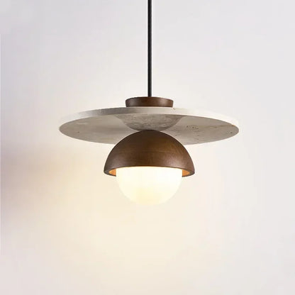 Denmark Walnut & Stone Pendant Light – Nordic Dome LED Chandelier with 7W G9 Bulb, Warm or Cool White for Dining & Bedroom