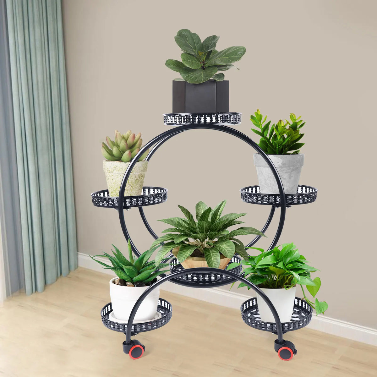 6-Tier Metal Plant Stand with Wheels – Rolling Flower Pot Holder Rack for Indoor & Outdoor Patio, Balcony & Living Room