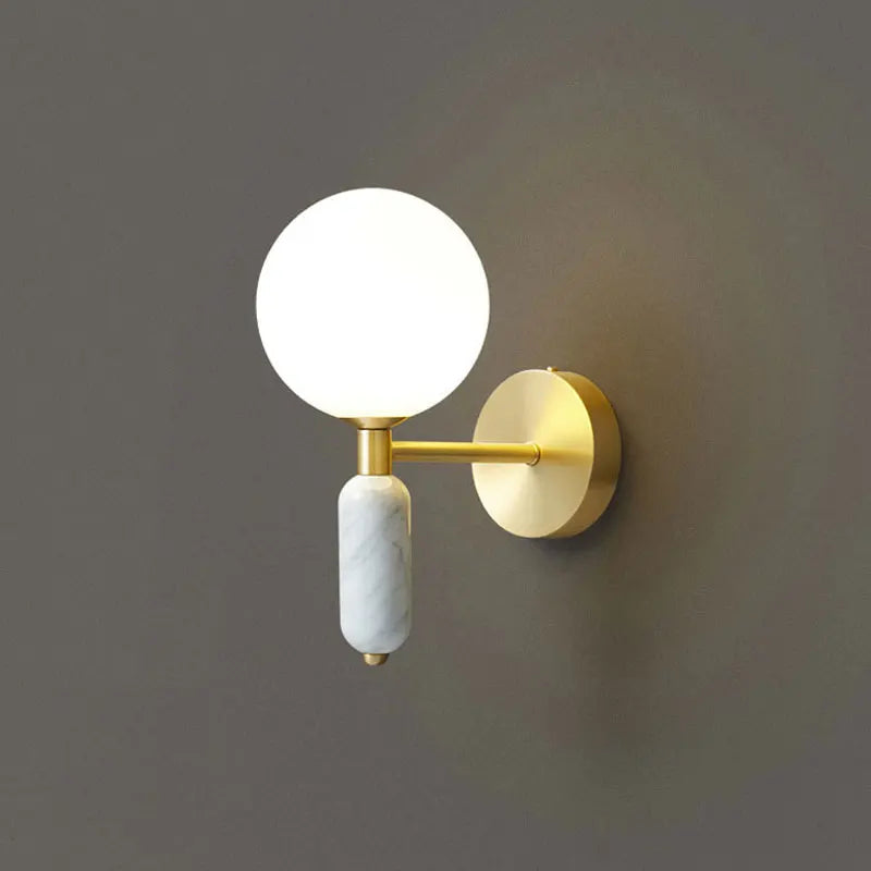 Luxury Marble & Glass Wall Sconce – Brushed Gold Designer Wall Lamp with Frosted Globe, White or Green Marble, Warm White