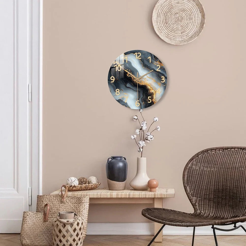Blue & Gold Marble Wall Clock – Silent Wooden Art Clock with Glossy Tempered Finish, Luxury Decor in 4 Sizes