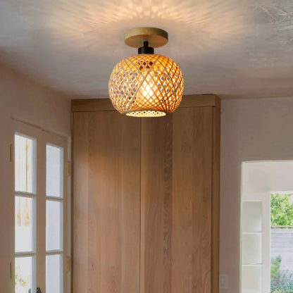 Natura Handwoven Bamboo & Rattan LED Ceiling Light – Natural Boho Woven Flush Mount Fixture for Dining Room, Bedroom & Hallway
