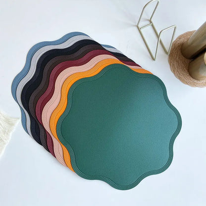 FloraMat Round Embossed Floral Faux Leather Placemats – Heat-Resistant Waterproof Table Mats, Set of 4 or 6, 5 Colors