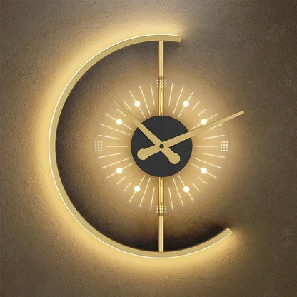 Lunaris Post-Modern LED Wall Lamp with Built-In Silent Clock – Golden Crescent Wall Sconce & Clock 2-in-1 Decor