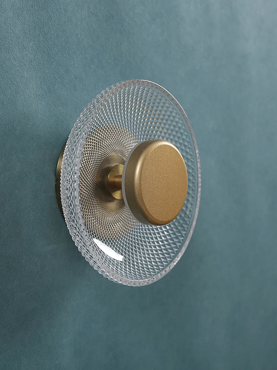 Modern Textured Colored Glass Disc LED Wall Light – Brushed Metal 17 cm Wall Sconce in Green, Clear, Smoke Grey or Amber