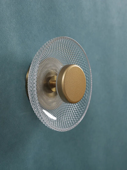Modern Textured Colored Glass Disc LED Wall Light – Brushed Metal 17 cm Wall Sconce in Green, Clear, Smoke Grey or Amber