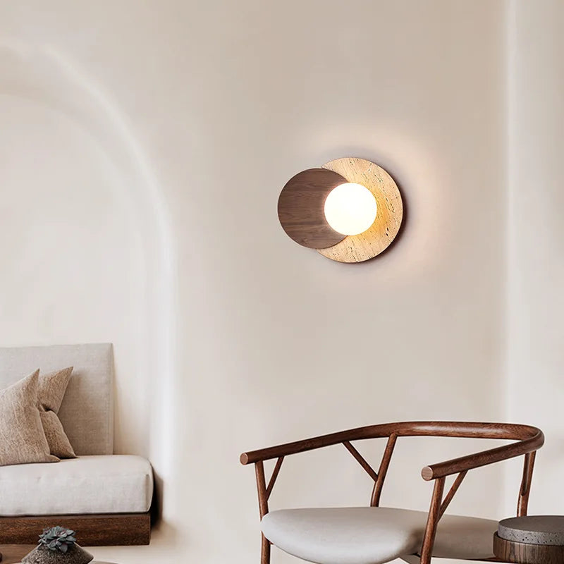 Wabi-Sabi Natural Stone & Wood Wall Lamp – Organic Texture Sconce with Frosted Glass and G9 LED in Walnut or Wood