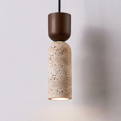 Wabi-Sabi Travertine & Walnut Pendant Light – Japanese-Inspired Minimalist Natural Stone Hanging Lamp for Bedside & Dining