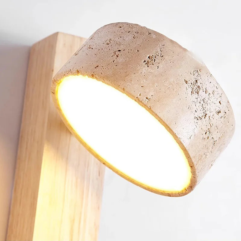 Éclat French Wabi-Sabi Wall Lamp – Solid Wood & Travertine Headboard Reading Light with Pull Switch for Bedroom
