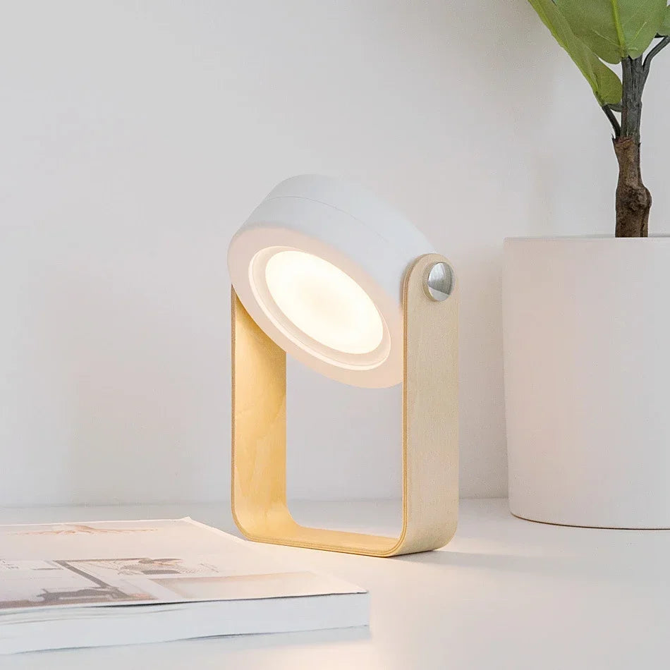 Portable Wooden Handle Lantern Lamp – Foldable Rechargeable LED Table Light, 3-Level Touch Dimming, 360° Rotating Head