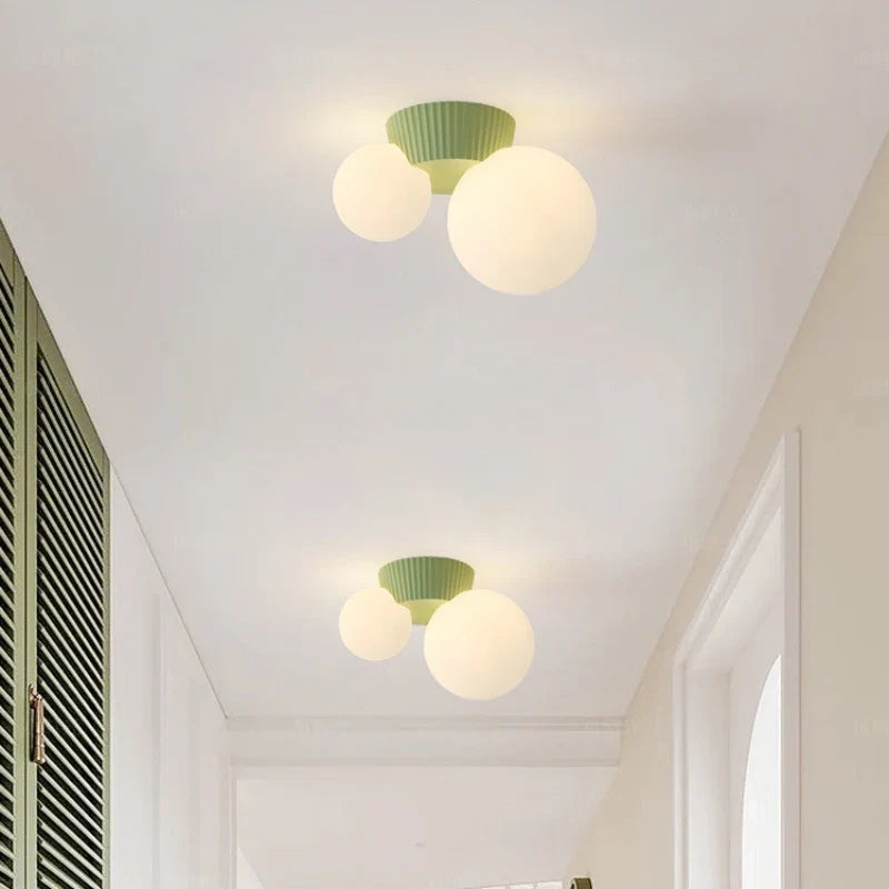Luméa French Modern Double-Globe Ceiling Light – Ribbed Metal & Frosted Glass Fixture in Green, Beige, Red or Black