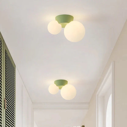 Luméa French Modern Double-Globe Ceiling Light – Ribbed Metal & Frosted Glass Fixture in Green, Beige, Red or Black