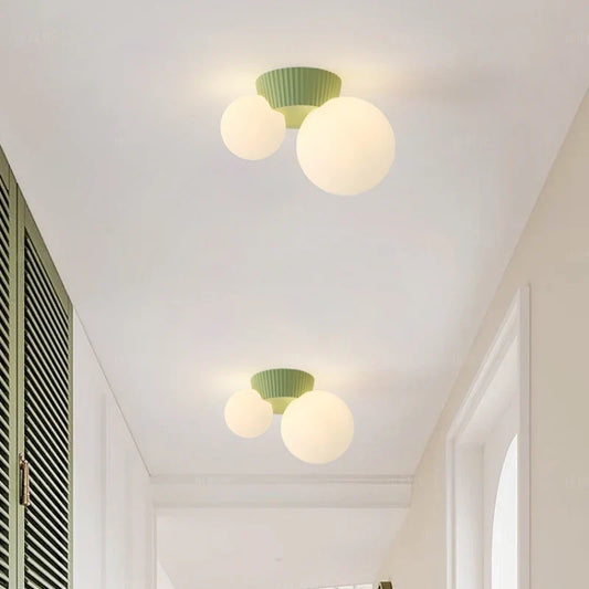 Luméa French Modern Double-Globe Ceiling Light – Ribbed Metal & Frosted Glass Fixture in Green, Beige, Red or Black