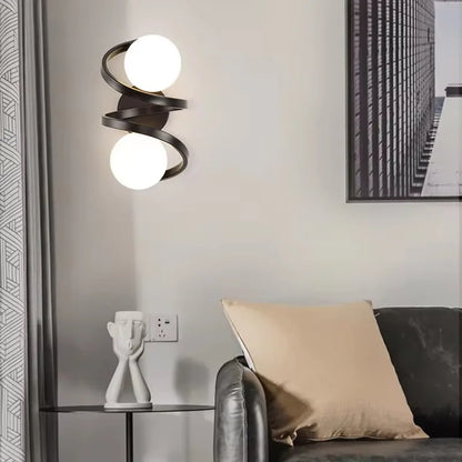 Astra Spiral Dual-Globe LED Wall Light – Sculptural Metal Frame Frosted Glass Sconce in Gold or Black, Warm or Cool White