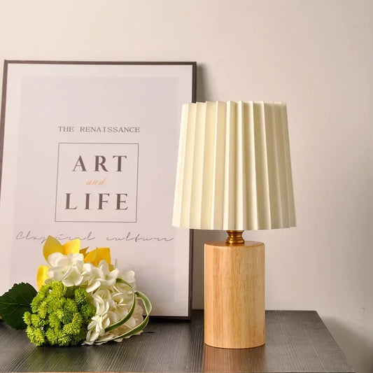 Medieval Pleated Table Lamp with Nordic Solid Wood Base – Soft Ambient Fabric Shade Bedside Lamp in Wood or Walnut