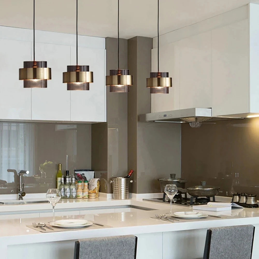 Nordic Smoked Glass Pendant Light with Brushed Brass Band – Modern Cylinder Hanging Lamp in Amber or Smoke Grey