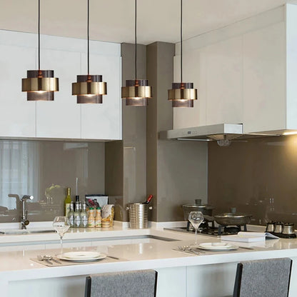 Nordic Smoked Glass Pendant Light with Brushed Brass Band – Modern Cylinder Hanging Lamp in Amber or Smoke Grey