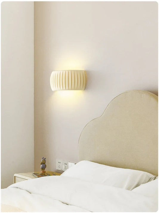 French Ribbed Resin Wall Lamp – Textured Up & Down Wall Sconce in Cream, Green or Brown Orange, Warm White for Bedroom & Hallway