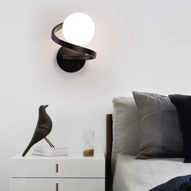 Astra Spiral Dual-Globe LED Wall Light – Sculptural Metal Frame Frosted Glass Sconce in Gold or Black, Warm or Cool White