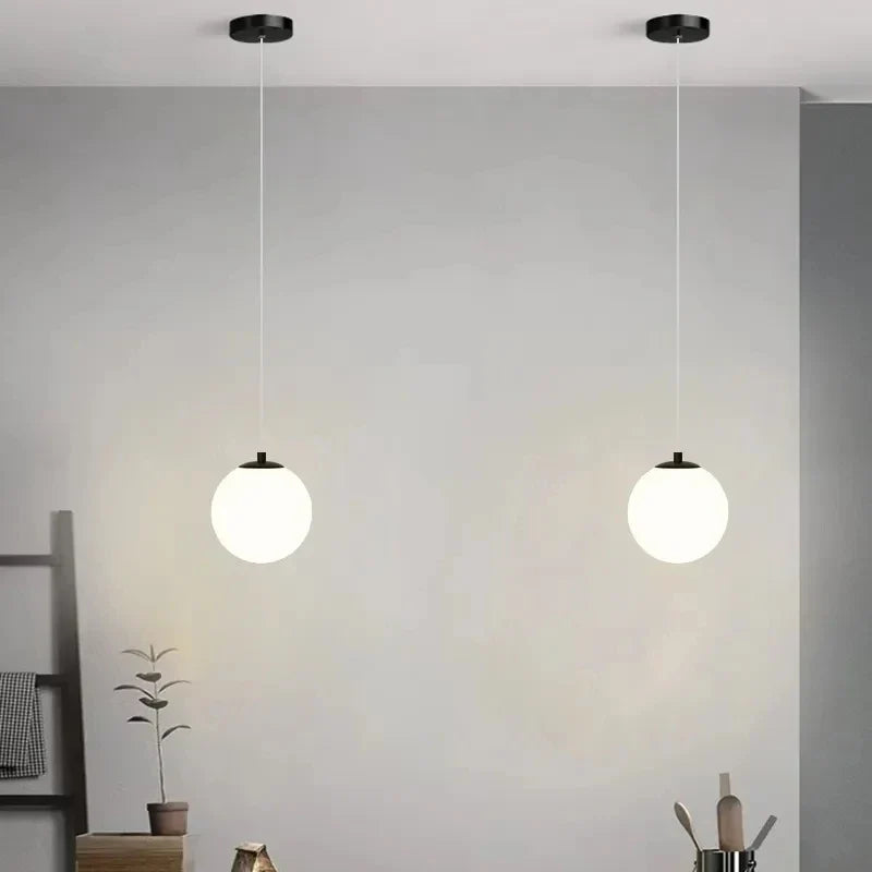 Luna Opal Glass Globe Pendant Light – Modern Nordic 1 or 2 Head Hanging Lamp in Black, White or Gold for Dining & Kitchen