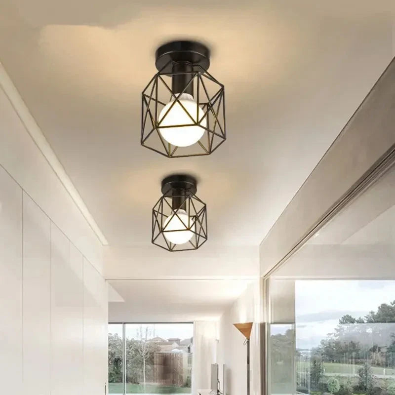Modern Geometric Metal Cage Ceiling Light – Compact Gold or Black Iron Flush Mount for Hallway, Bathroom, Balcony & Entryway