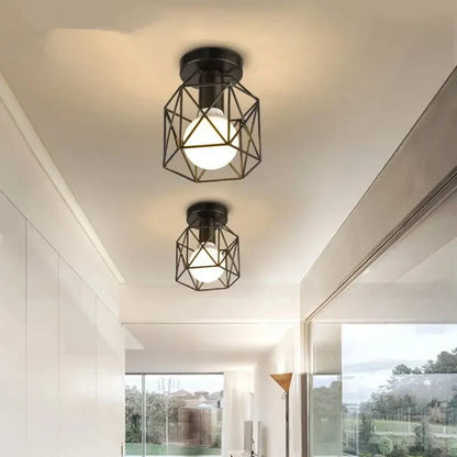 Modern Geometric Metal Cage Ceiling Light – Compact Gold or Black Iron Flush Mount for Hallway, Bathroom, Balcony & Entryway