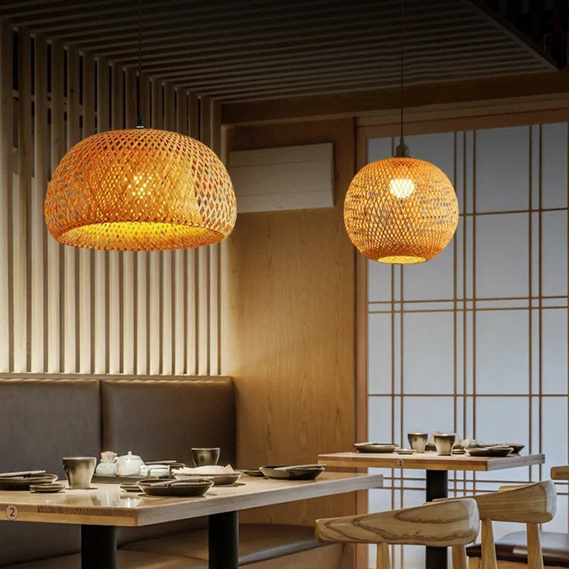 Handwoven Natural Bamboo & Rattan Pendant Light – Boho Woven Hanging Lamp Shade for Dining Room, Living Room & Bedroom