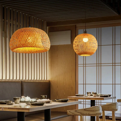 Handwoven Natural Bamboo & Rattan Pendant Light – Boho Woven Hanging Lamp Shade for Dining Room, Living Room & Bedroom