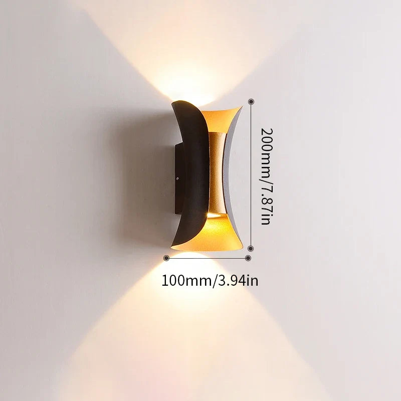 Modern Black & Gold Up & Down LED Wall Light – Waterproof Curved Indoor Outdoor Wall Sconce for Porch, Hallway & Living Room