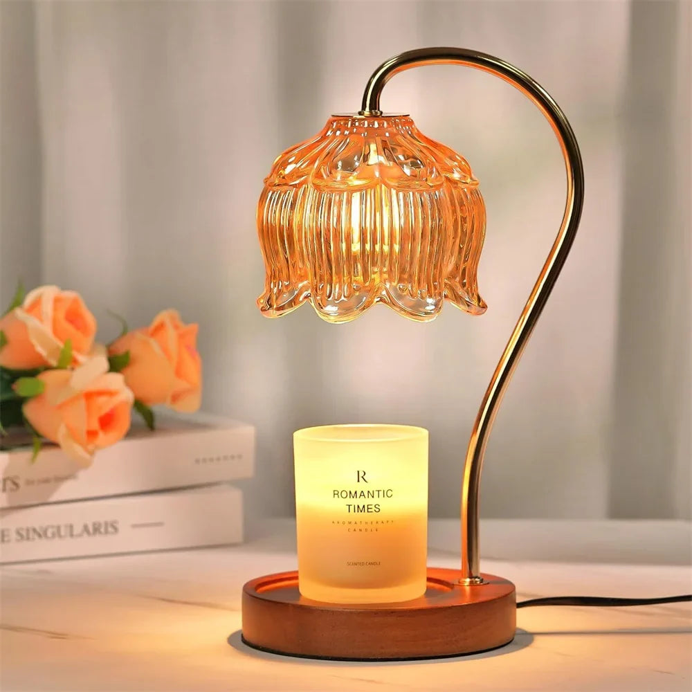 Candle Warmer Lamp with Retro Petal Glass Shade – Flameless Dimmable Candle Melter with Solid Wood Base for Home Fragrance