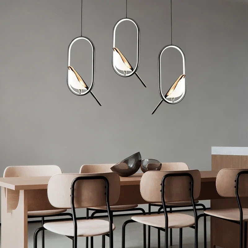Nordic Magpie LED Pendant Light – Modern Bird Ring Chandelier, 31W Warm or Cool White Hanging Lamp for Dining & Living Room