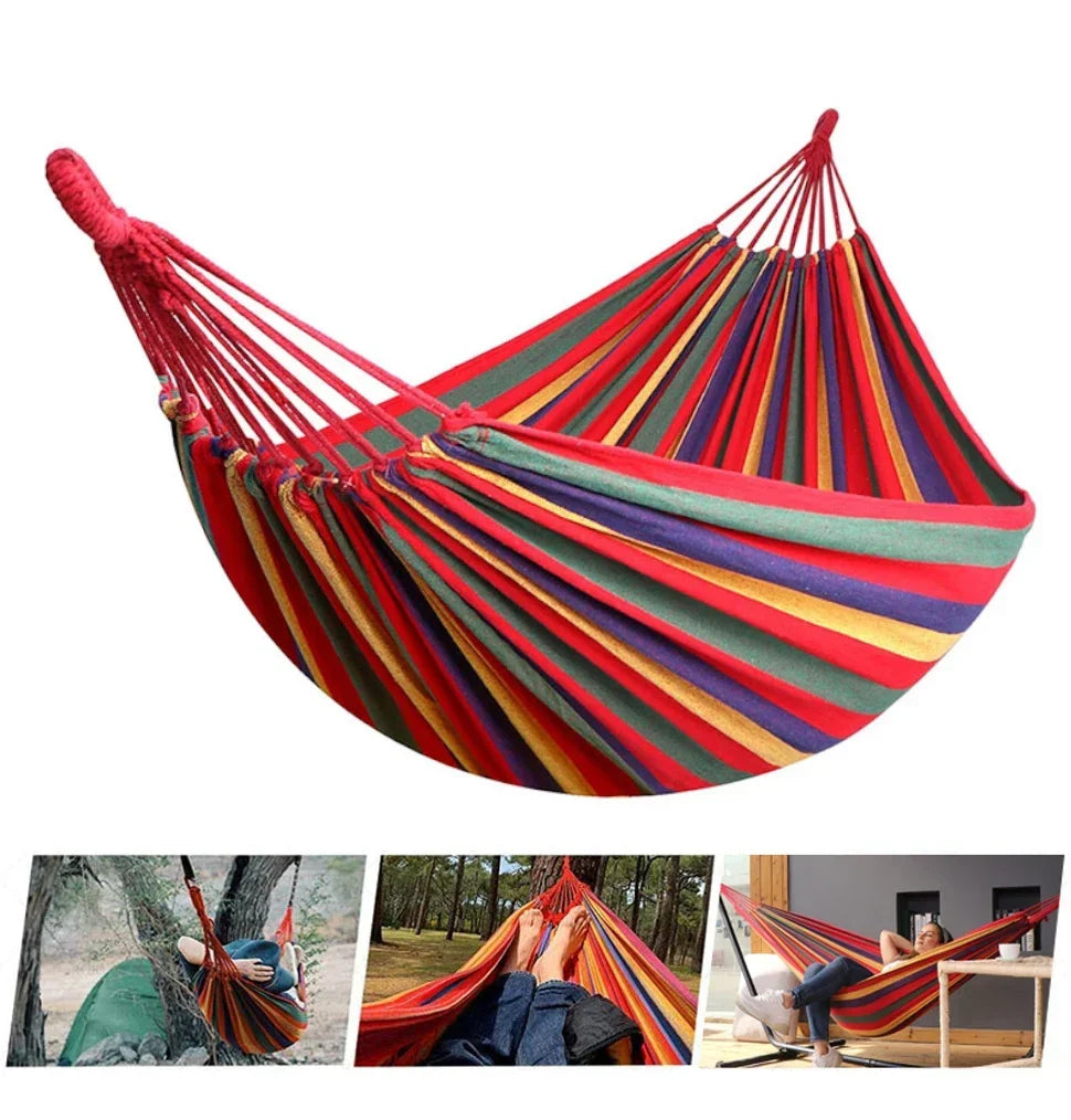 Striped Canvas Double Hammock – Soft Cotton Swing Bed for 2, 200 kg Capacity, Indoor & Outdoor Camping, Backyard & Patio