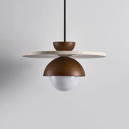 Denmark Walnut & Stone Pendant Light – Nordic Dome LED Chandelier with 7W G9 Bulb, Warm or Cool White for Dining & Bedroom