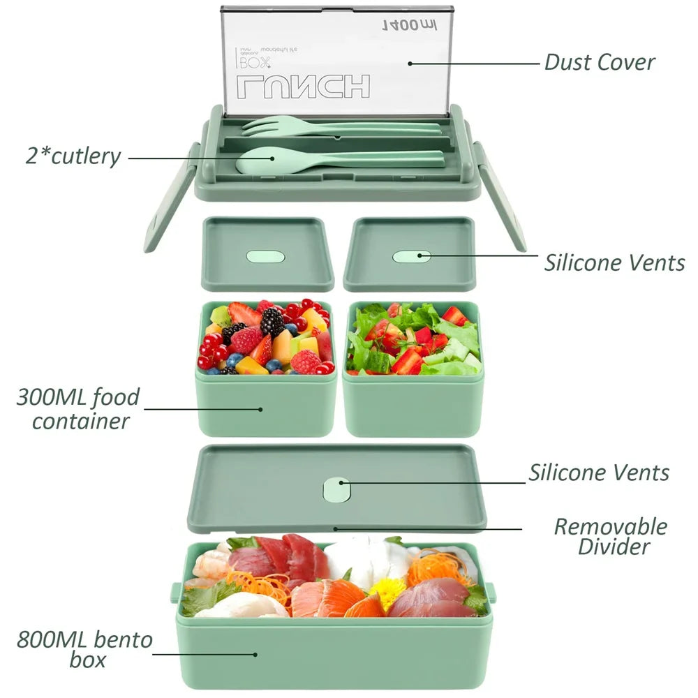 1400ml Double-Layer Bento Lunch Box with Fork & Spoon – Microwave-Safe Locking Food Container for Kids & Adults, Pink or Green