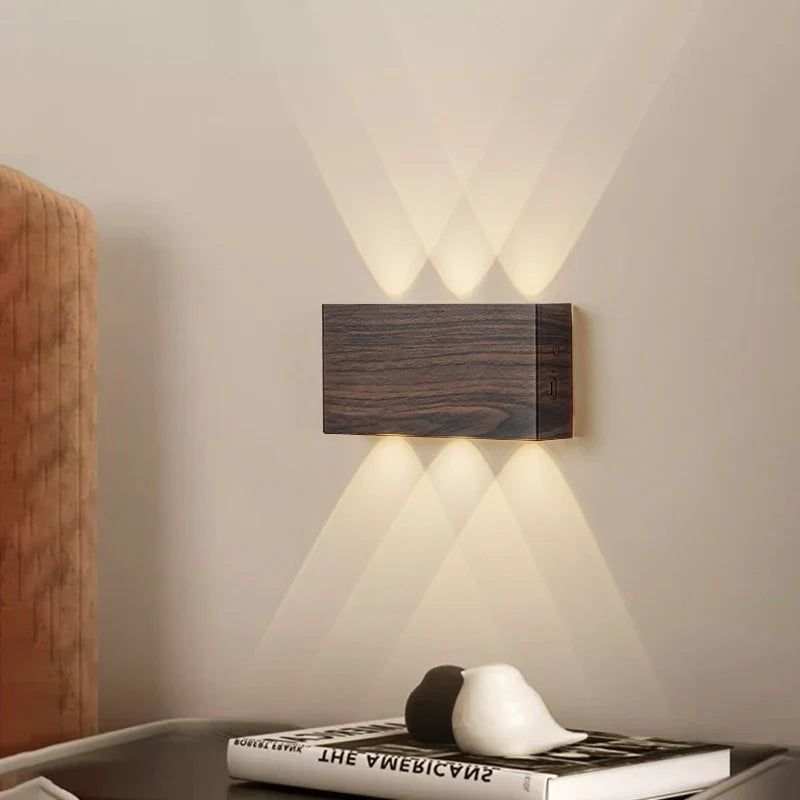 LumiBlock Rechargeable Wireless Wall Lamp – Magnetic or Adhesive No-Drill Sconce, 4000mAh, 3 Light Colors in Wood Grain