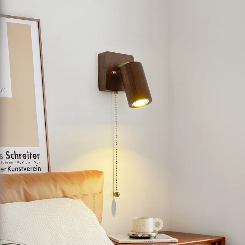 Arlo Retro Walnut & Brass LED Wall Lamp – Adjustable 90° Spotlight Sconce, Solid Wood Reading Light, Warm or Cool White