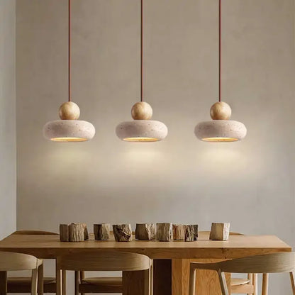 Natural Stone & Solid Wood Pendant Light – Vintage Minimalist Ceiling Lamp with Focused LED in Log or Walnut Finish