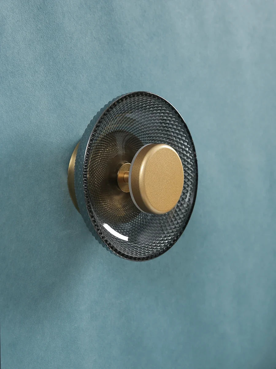 Modern Textured Colored Glass Disc LED Wall Light – Brushed Metal 17 cm Wall Sconce in Green, Clear, Smoke Grey or Amber
